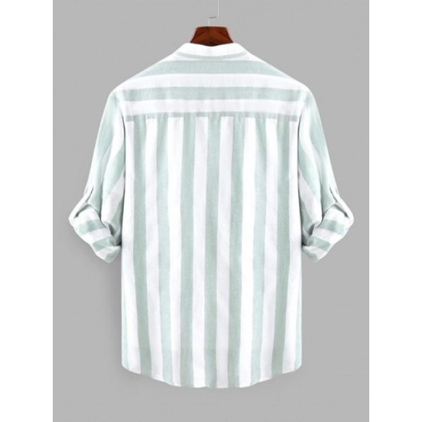 Slub Cotton Roll Up Long Sleeves Striped Shirt