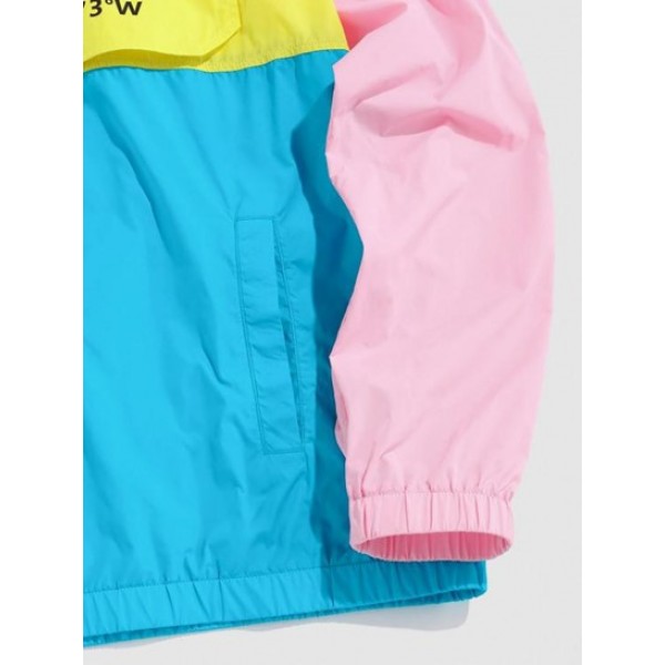 Quarter Zipper Design Colorblock Hooded Windbreaker