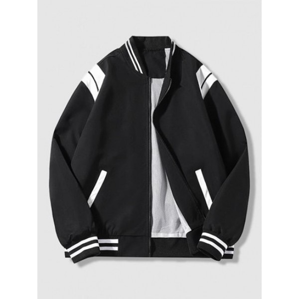 Stripe Trim Two Tone Baseball Varsity Jacket