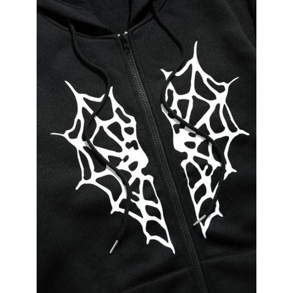 Heart Spider Web Halloween Zip Up Fleece Lining Hooded Coat