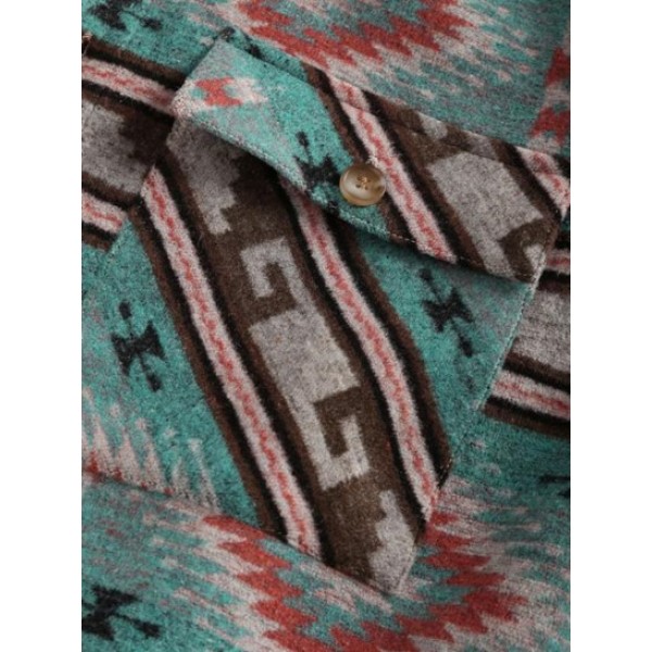 Flap Pocket Ethnic Aztec Printed Woolen Corduroy Spliced Shacket