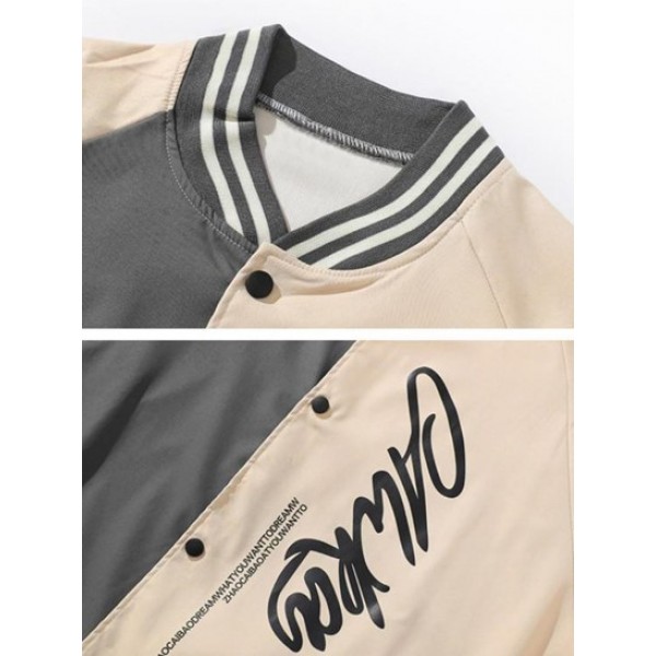 Two Tone Letter Printed Button Fly Bomber Varsity Jacket