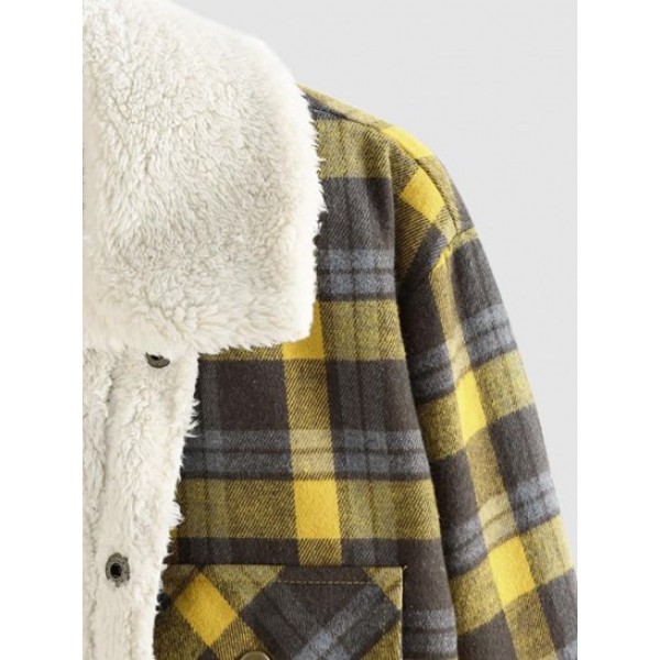 Fluffy Fleece-lined Plaid Pattern Button Front Jacket