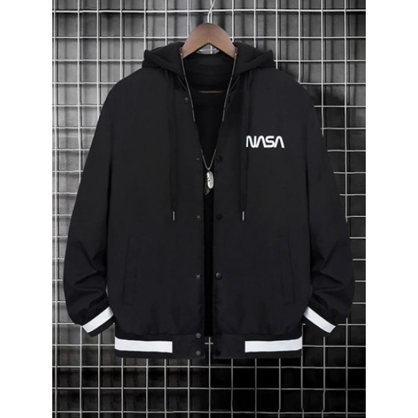 Letter Printed Detachable Hooded Baseball Varsity Jacket