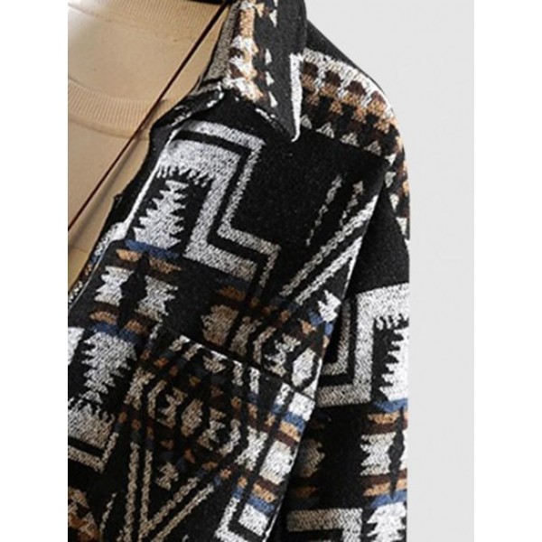 Wool Blend Ethnic Aztec Printed Pocket Vintage Shirt Jacket