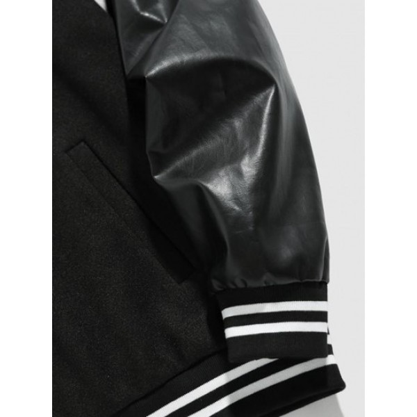 Letter LOS ANGELES Embroidery PU Leather Spliced Baseball Varsity Jacket