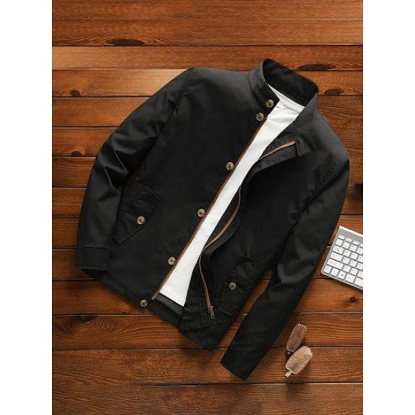 Zip Up Flap Pocket Stand Collar Jacket