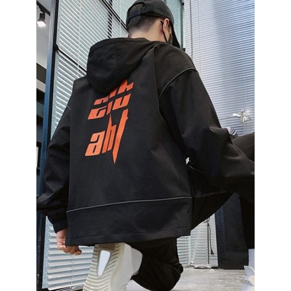 Hooded Toggle Drawstring Zip Up Graphic Binding Trim Jacket