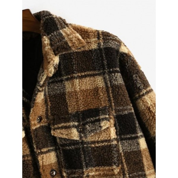 Plaid Pocket Button Up Teddy Fluffy Fleece Shirt Jacket