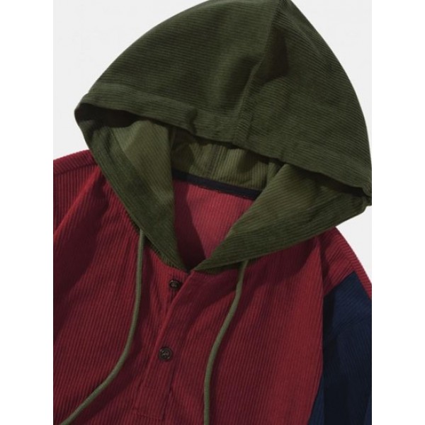 Colorblock Drawstring Ribbed Corduroy Hoodie