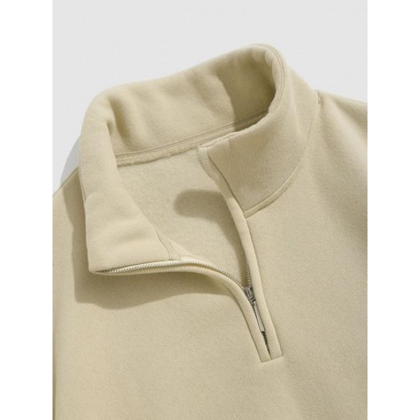 Letter Embroidery Half Zip Fleece Lining Sweatshirt