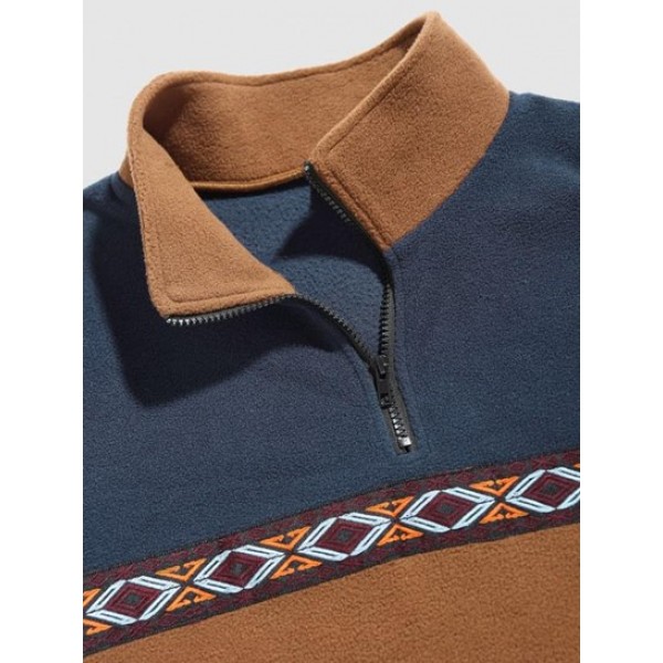 Colorblock Geometric Embroidery Fluffy Polar Fleece Sweatshirt