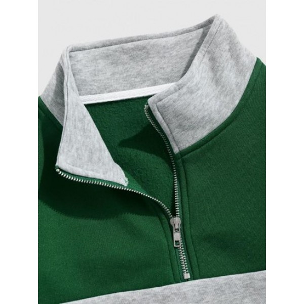 Quarter Zip AMERICA Colorblock Fleece Lining Sweatshirt