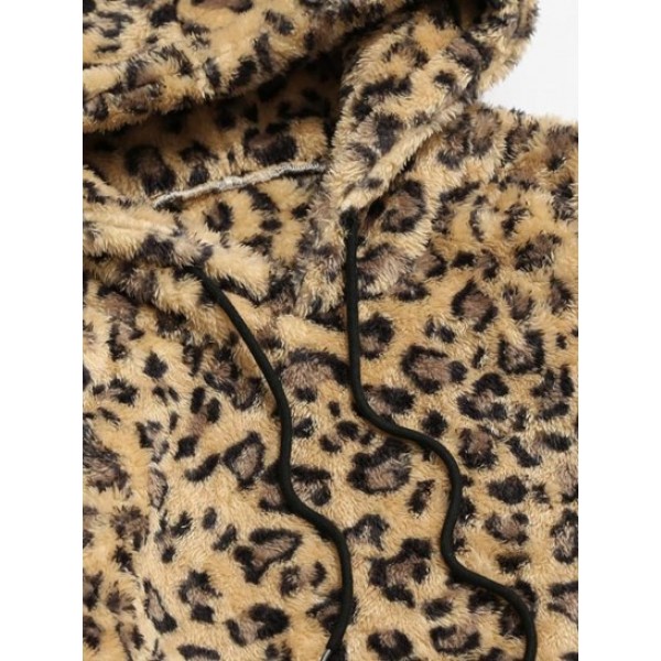 Leopard Pattern Applique Fleece Fluffy Hoodie