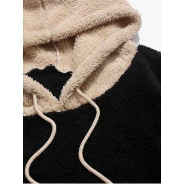 Colorblock Splicing Drawstring Fluffy Fleece Hoodie