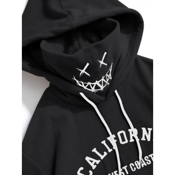 Letter Vintage Graphic Embroidered Fleece Mask Hoodie