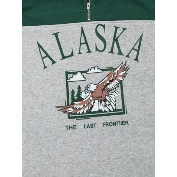 Streetwear Vintage ALASKA Graphic Eagle Printed Colorblock Fleece Quarter Zip Sweatshirt