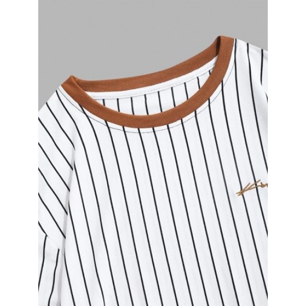 Letter Embroider Contrast Color Striped T-shirt