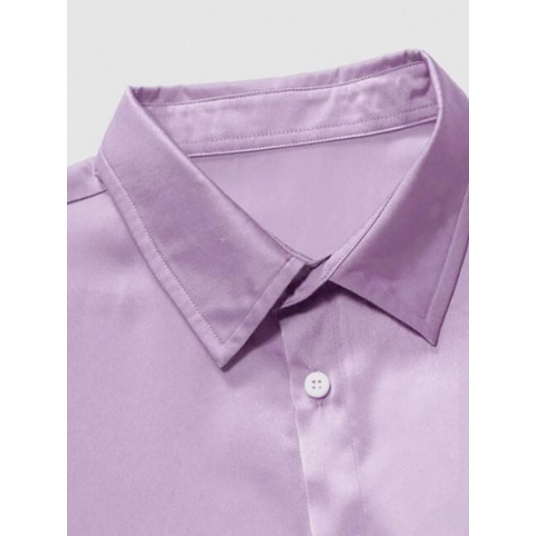 Solid Color Short Sleeves Button Up Party Satin Shirt