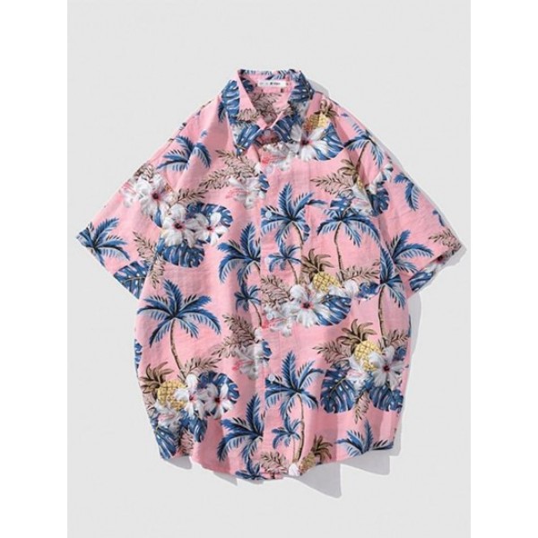 Y2K Aesthetic Hawaiian Leaf Floral Printed Summer Short Sleeves Shirt