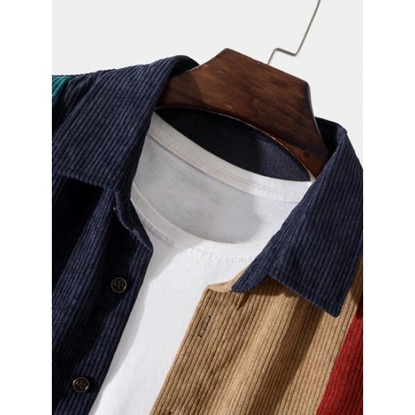 Colorblock Front Pocket Corduroy Long Sleeves Shirt