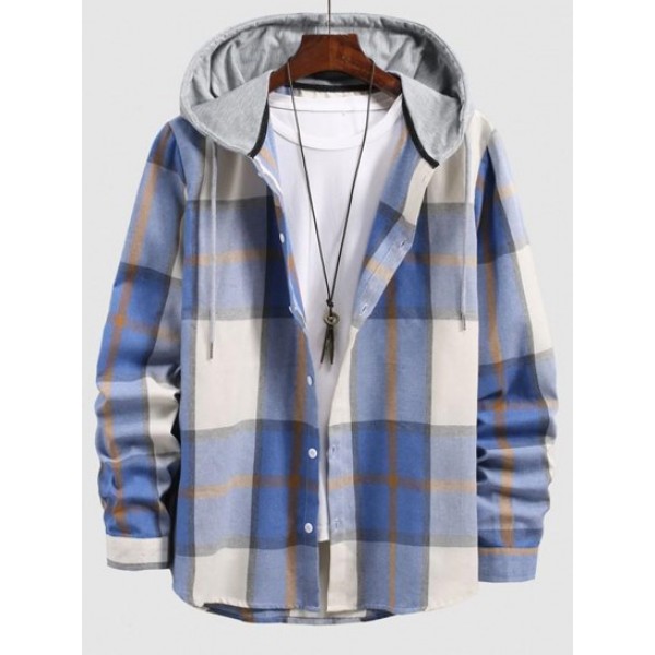 Check Print Contrasting Hooded Shirt