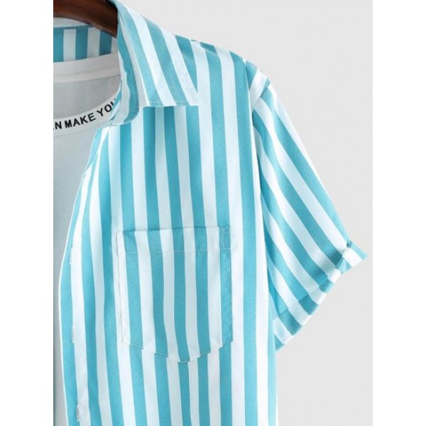 Button Up Short Sleeve Vertical Stripe Shirt