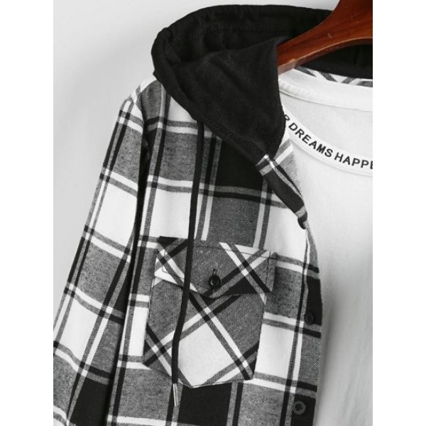 Hooded Plaid Print Double Pockets Shirt