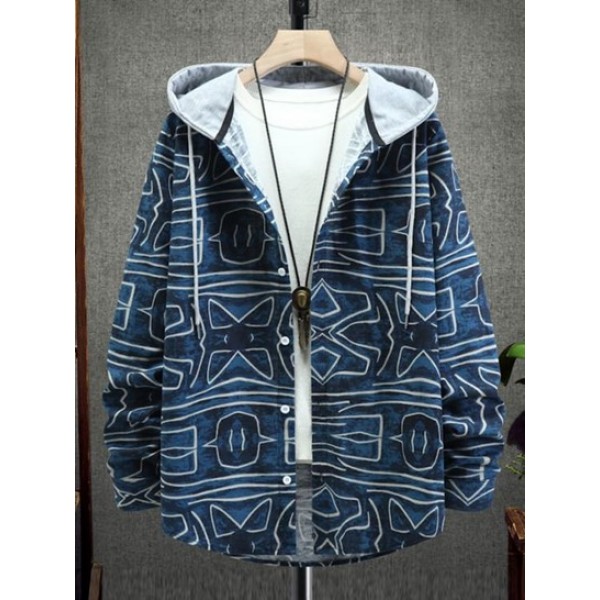 Hooded Abstract Geo Print Shirt