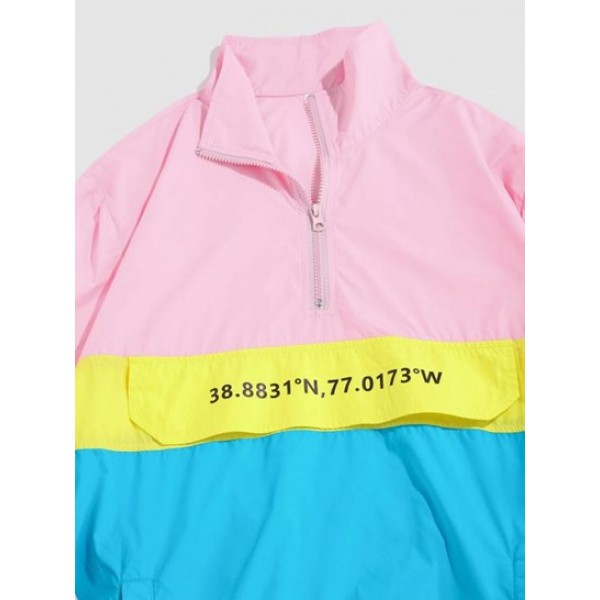 Quarter Zipper Design Colorblock Hooded Windbreaker