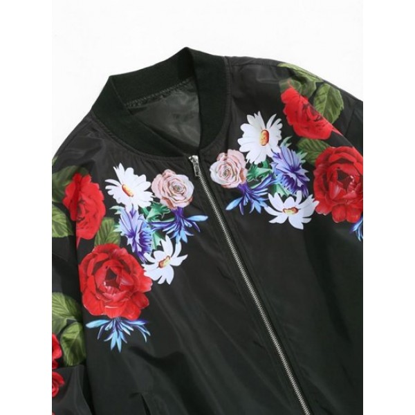 Flower Pattern Print Zip Up Bomber Jacket