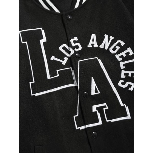 Letter LOS ANGELES Embroidery PU Leather Spliced Baseball Varsity Jacket