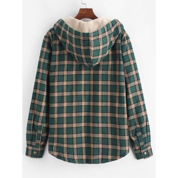 Fuzzy Flannel Plaid Chest Pocket Fleece Drawstring Hooded Vintage Jacket