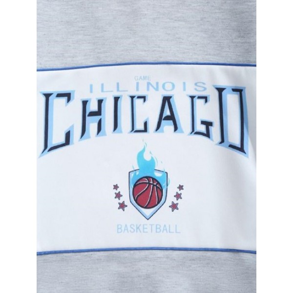 Letter CHICAGO And Basketball Printed Fleece-lined Pullover Hoodie