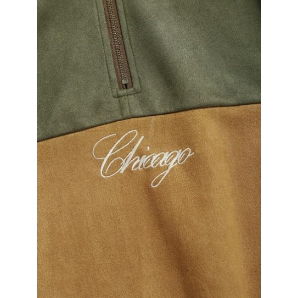 Chicago Embroidery Colorblock Suede Baseball Sweatshirt