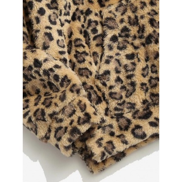 Leopard Pattern Applique Fleece Fluffy Hoodie