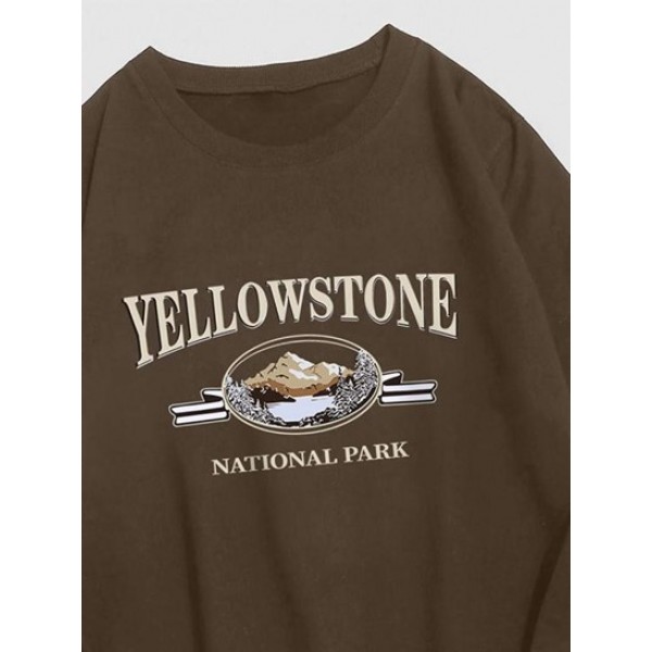 Streetwear Yellow Stone Mountain Scenic Vintage Graphic Crewneck Sweatshirt