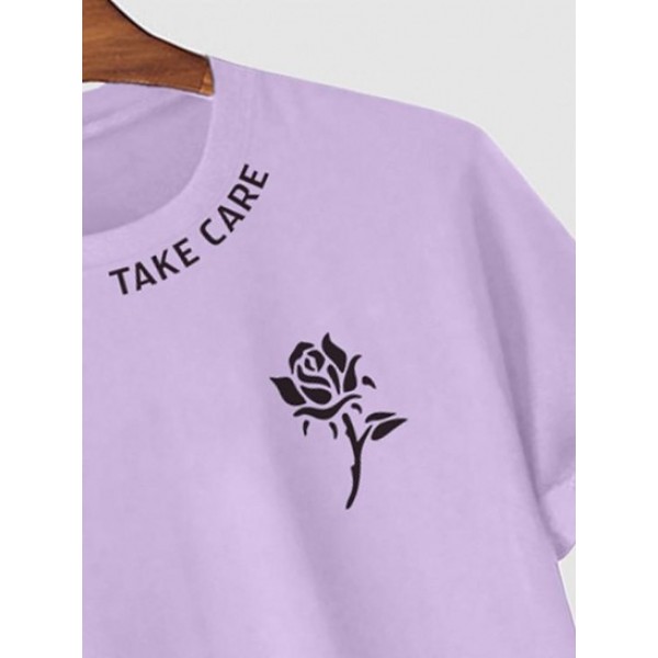 TAKE CARE And Rose Pattern Streetwear Casual T-shirt