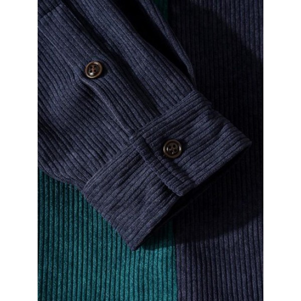 Colorblock Front Pocket Corduroy Long Sleeves Shirt