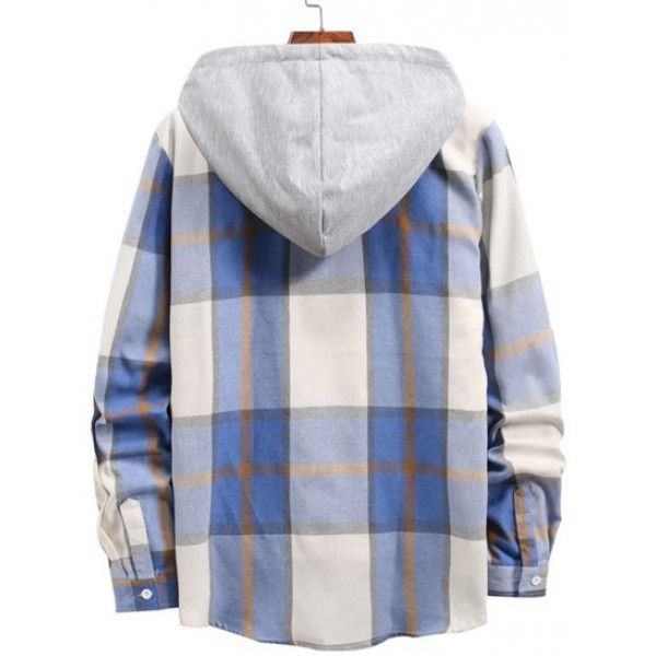 Check Print Contrasting Hooded Shirt