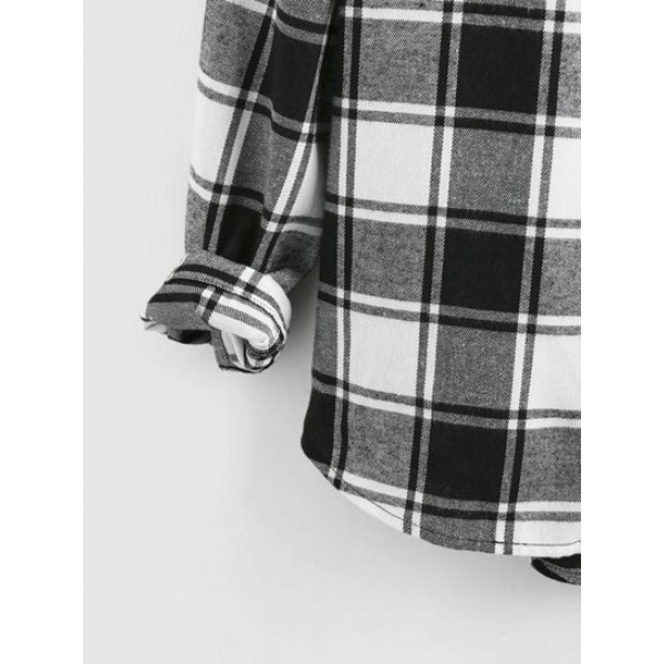 Hooded Plaid Print Double Pockets Shirt